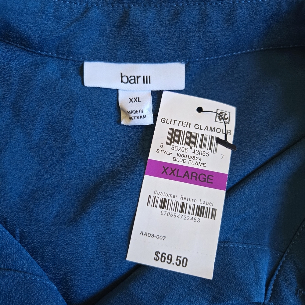3/$25 Bar III Glitter Glamour Blue Flame Button Down Tunic Long Semi Sheer XXL - Picture 5 of 10